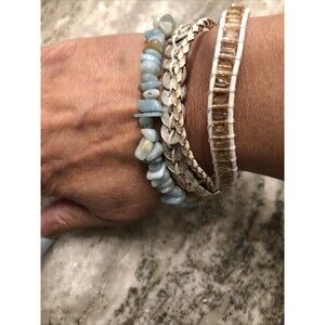 Victoria Emerson Bracelet Silver Tone Beaded Leather Stone Modernist Boho & Ring